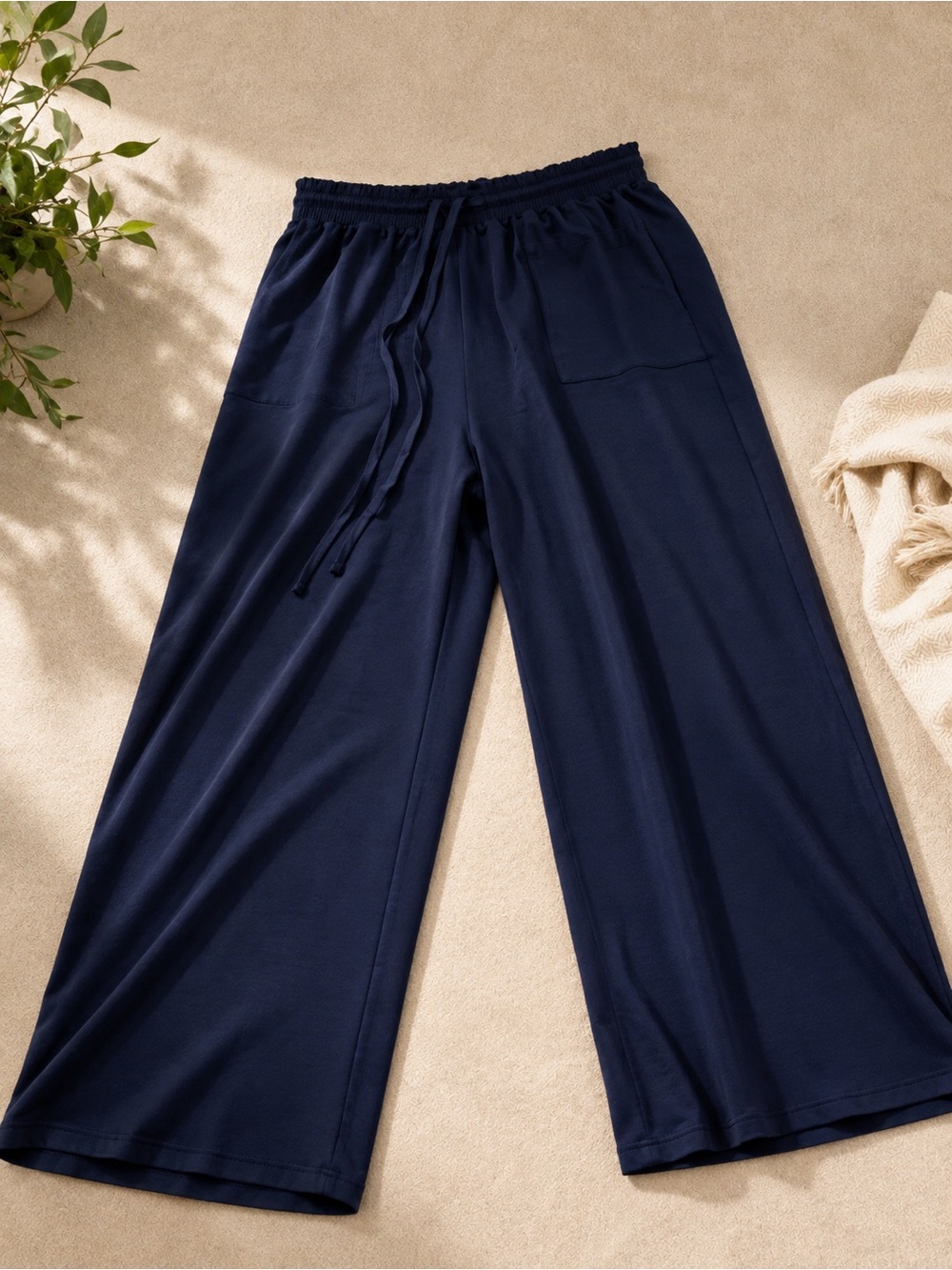 Wide Leg Drawstring Pants - Navy